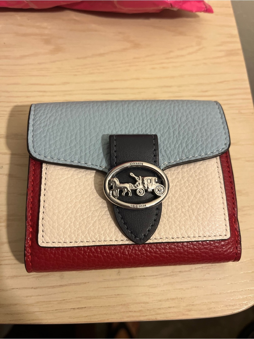 Coach Tri-Color Pebbled Leather Wallet - Light Blue, Cream & Red